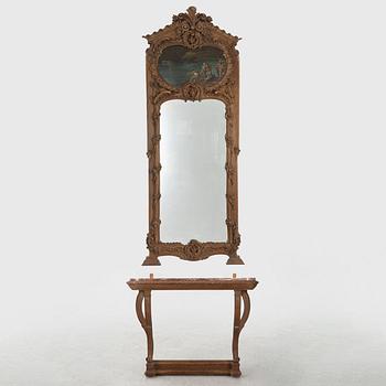 Spegel med konsolbord, sent 1800-tal, med målning, 1700-tal.