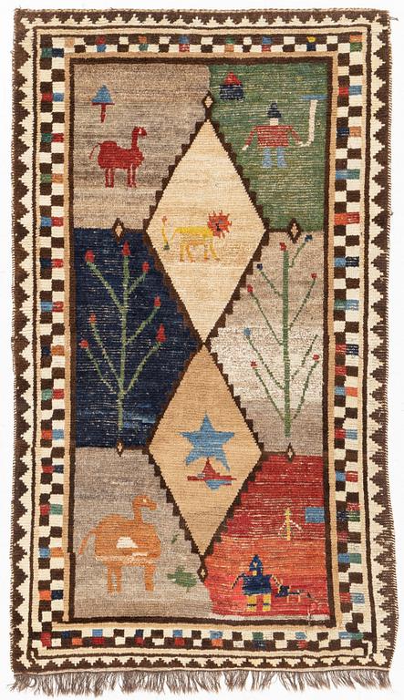 An antique/semi-antique pictorial Gabbeh - Khersak rug,  c 187 x 107 cm.