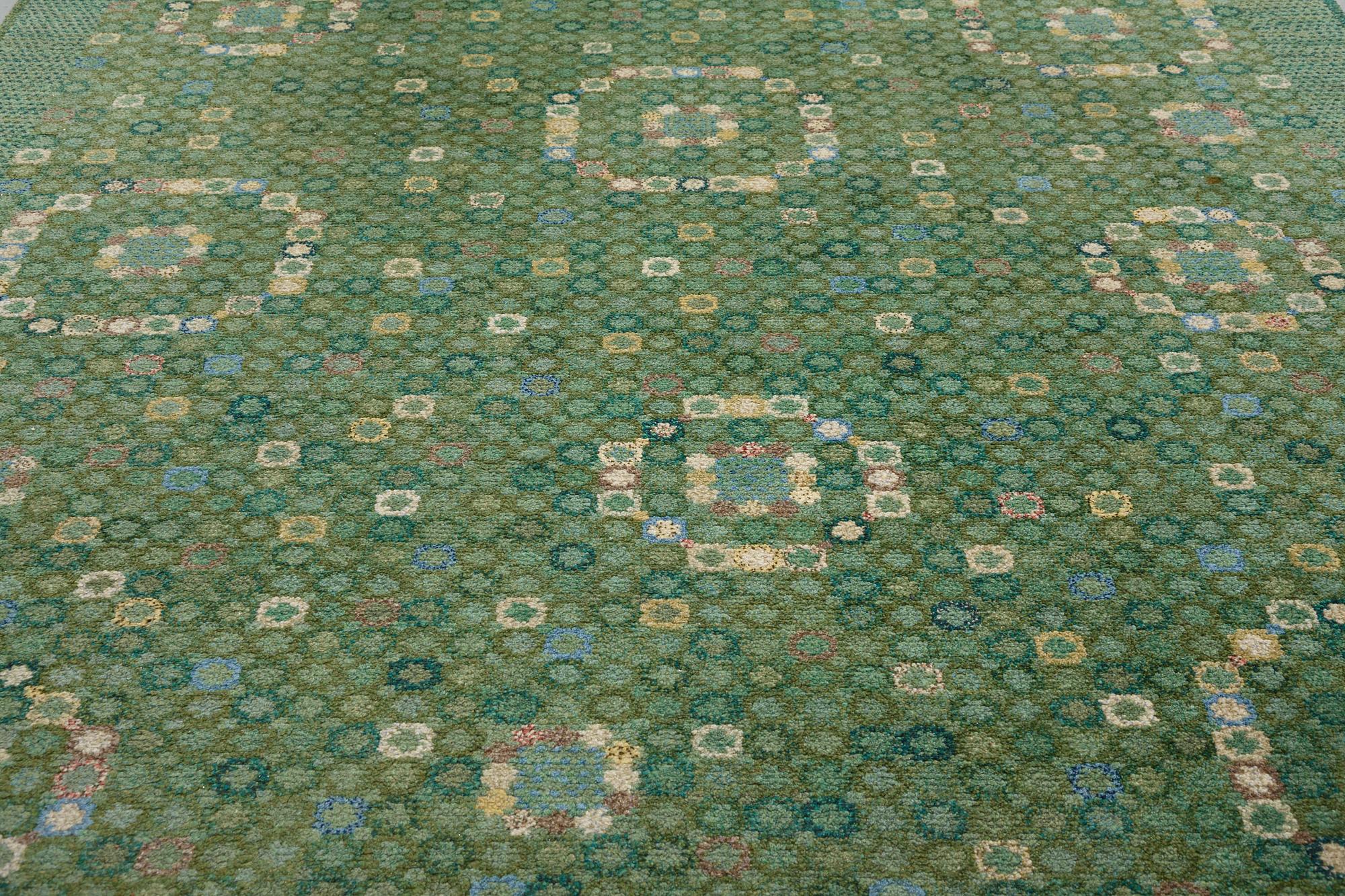 Barbro Nilsson, matto, "Bankrabatten grön", knotted pile, ca 502-504 x 202,5-207 cm, signed AB MMF BN.