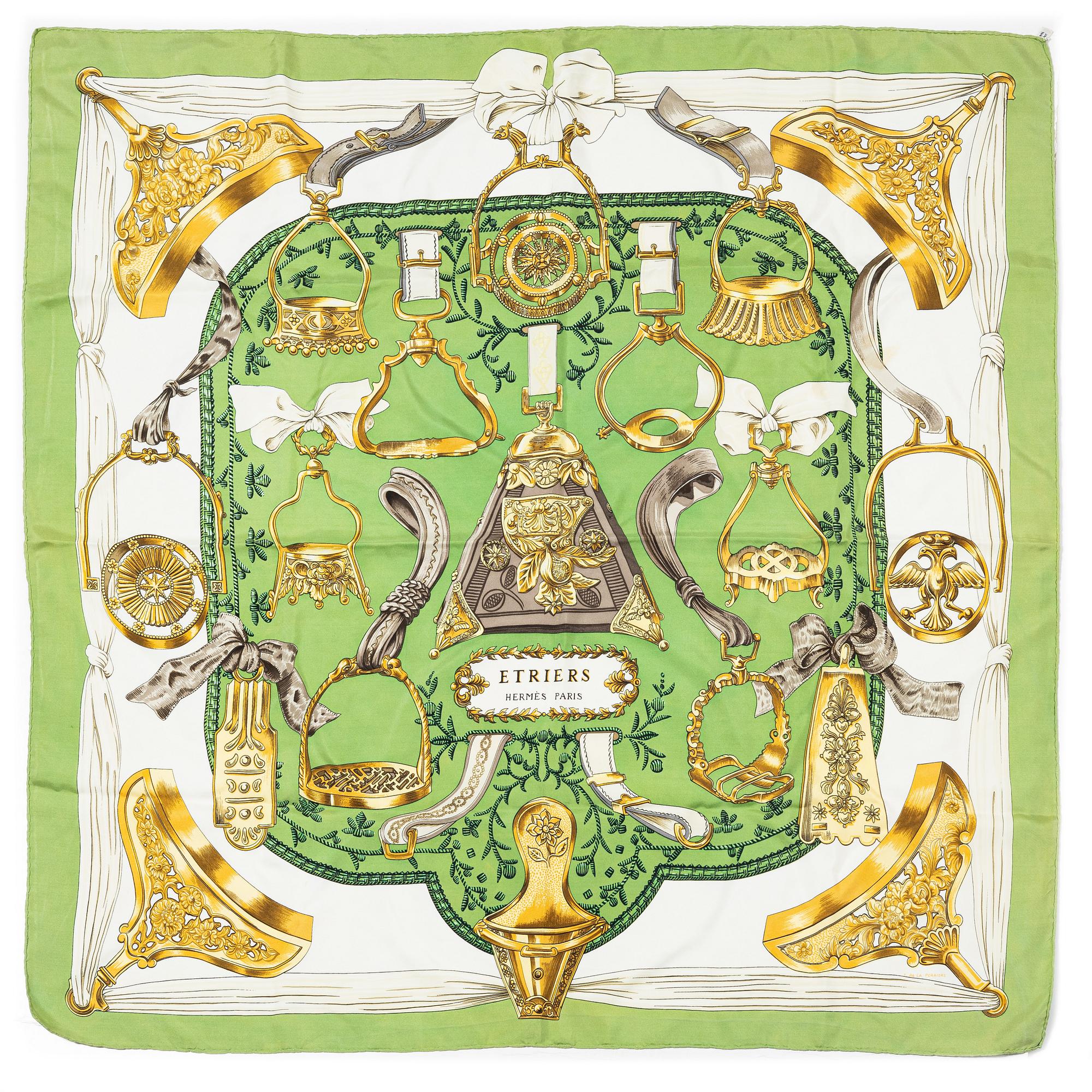Hermès, two scarves "Nefs d'Or" and "Etriers".