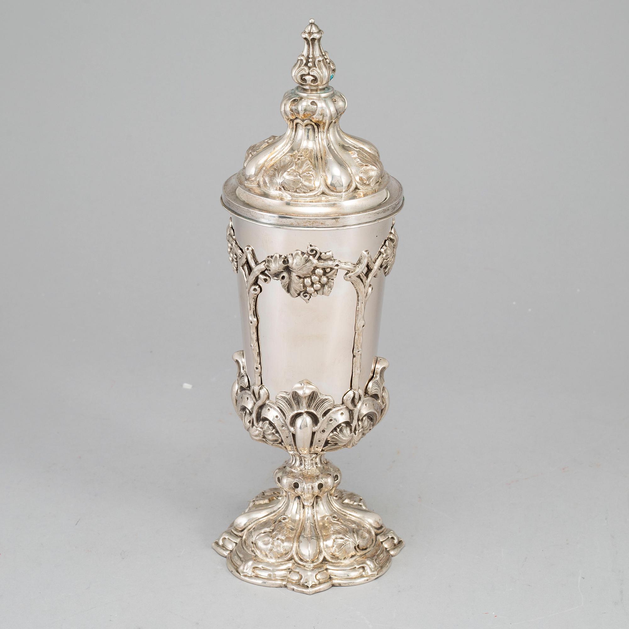 A German mid 19th century parcel-gilt silver cup and cover, marked Fürth.