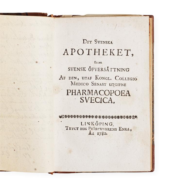 PHARMACOPOEA SUECIA, DET SVENSKA APOTHEKET, övers, Eric Olof Rydbäck, Biörckegrens Enka, Linköping 1780.