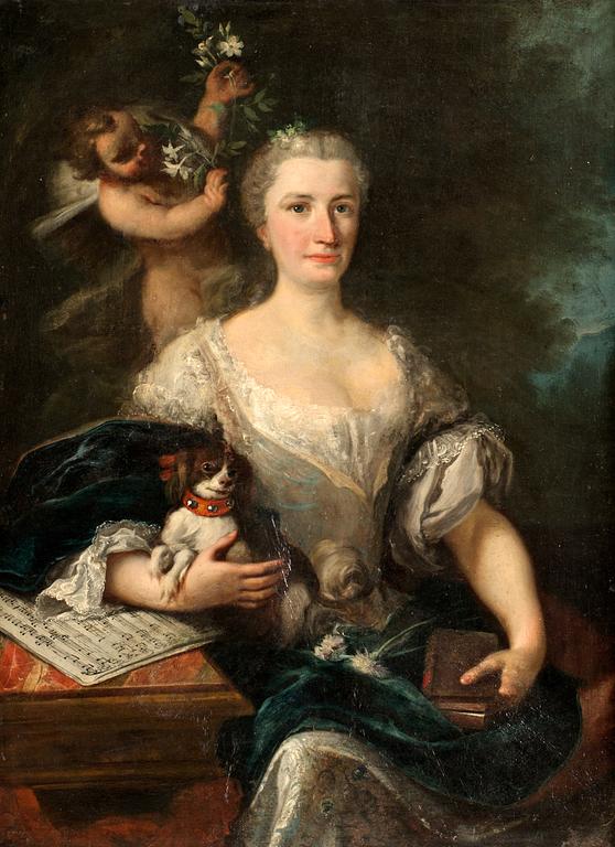 Nicolas de Largilliere Hans krets, Porträtt av dam med knähund och notblad.