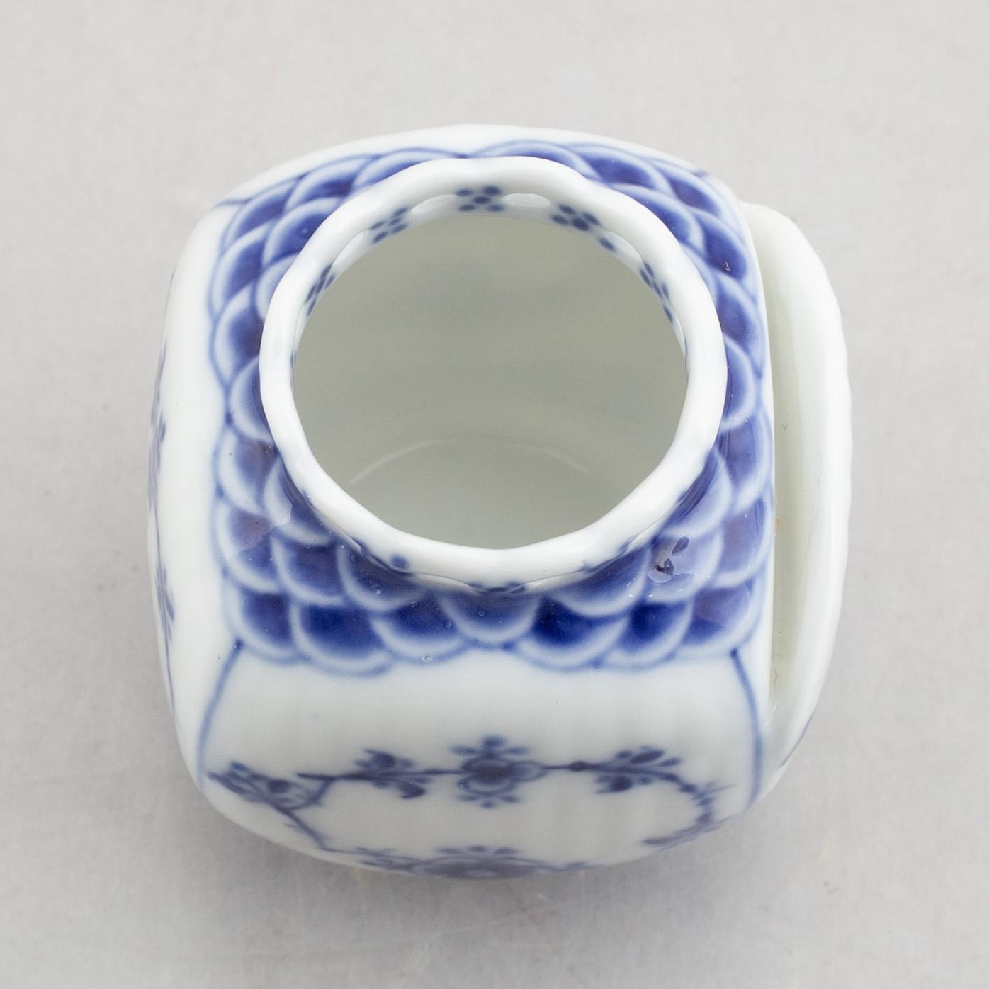 A group of two vases, two bowls and a candlestick, "Blue fluted full lace"/"Musselmalet", Royal Copenhagen.