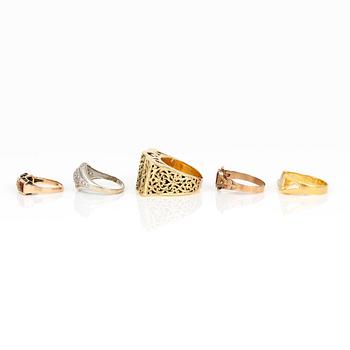 PARTI RINGAR, 5 st, olika guldhalter med bla diamanter. Total vikt ca 24,81 g.