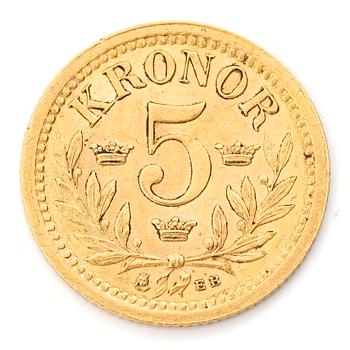 Guldmynt, Sverige, Oscar II, 5 kronor, 1899.