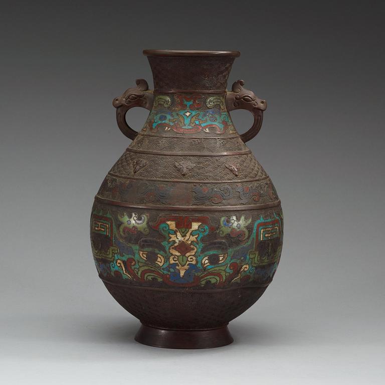 A Japanese bronze and champleve vase, Meiji (1868-1912).