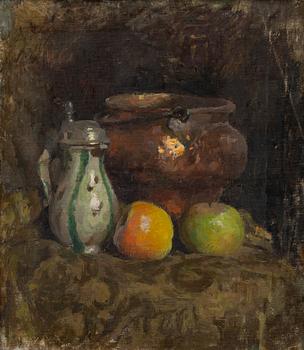 Esther Kjerner, Still life with a copper bucket, jug, and apples.