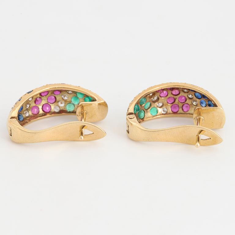 Diamond, ruby, emerald and sapphire earrings.