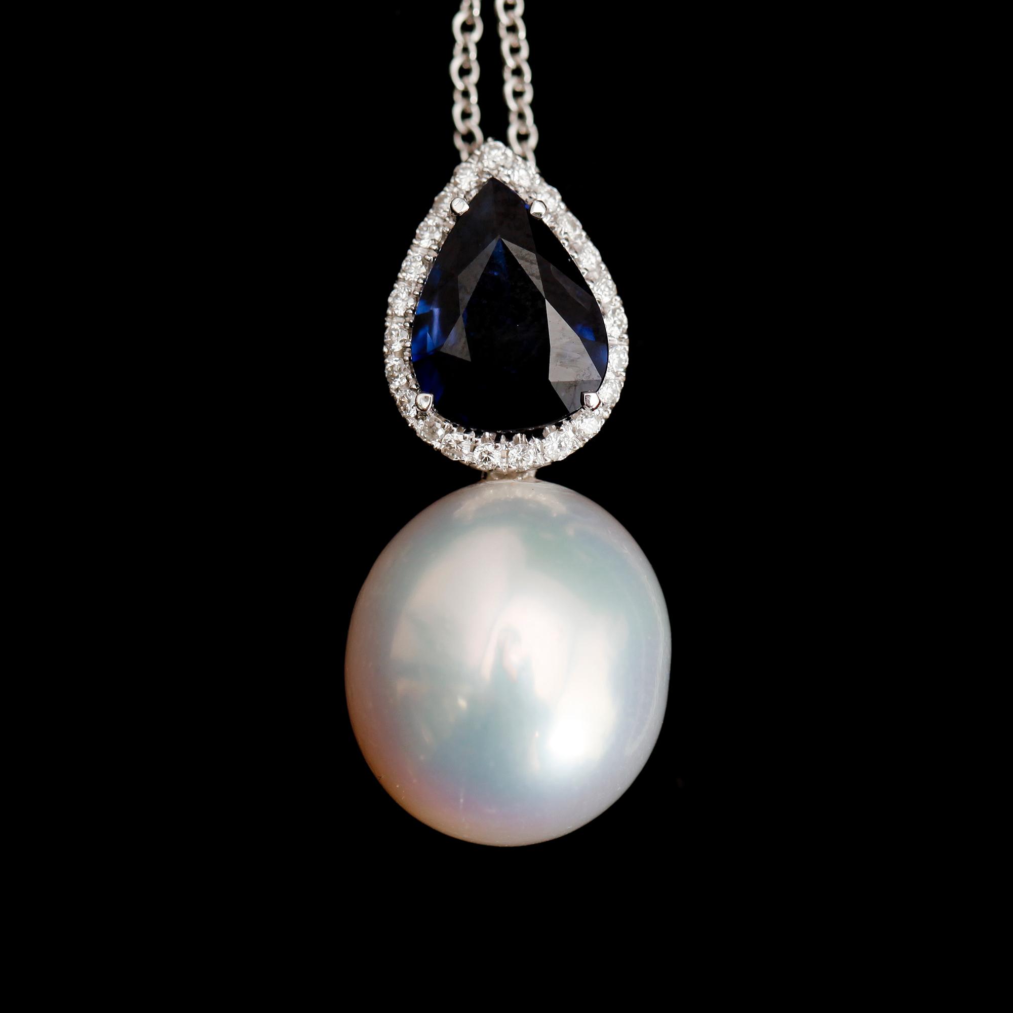 HÄNGE MED KEDJA, 18 k vitguld, stor odlad pärla, blå droppformad safir 2.04 ct, briljantslipade diamanter tot ca 0.18 ct.