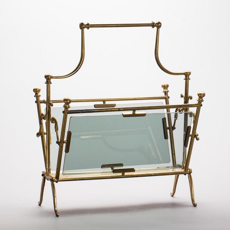 TIDNINGSSTÄLL, mässing och glas, 1900-talets mitt.