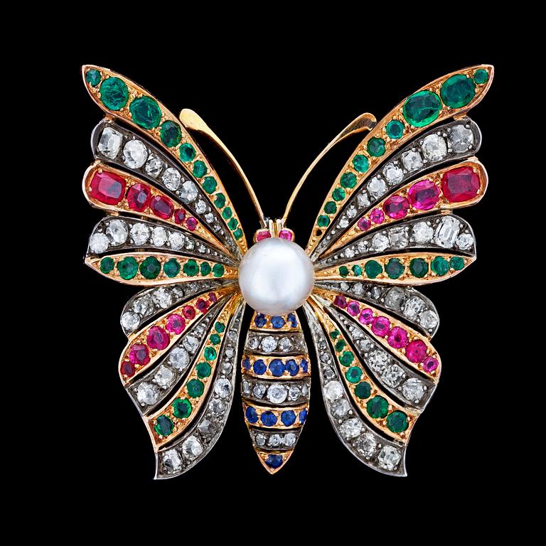 BROSCH, antikslipade diamanter, rubiner, smaragder och blå safirer med orientalisk pärla. Sent 1800-tal.