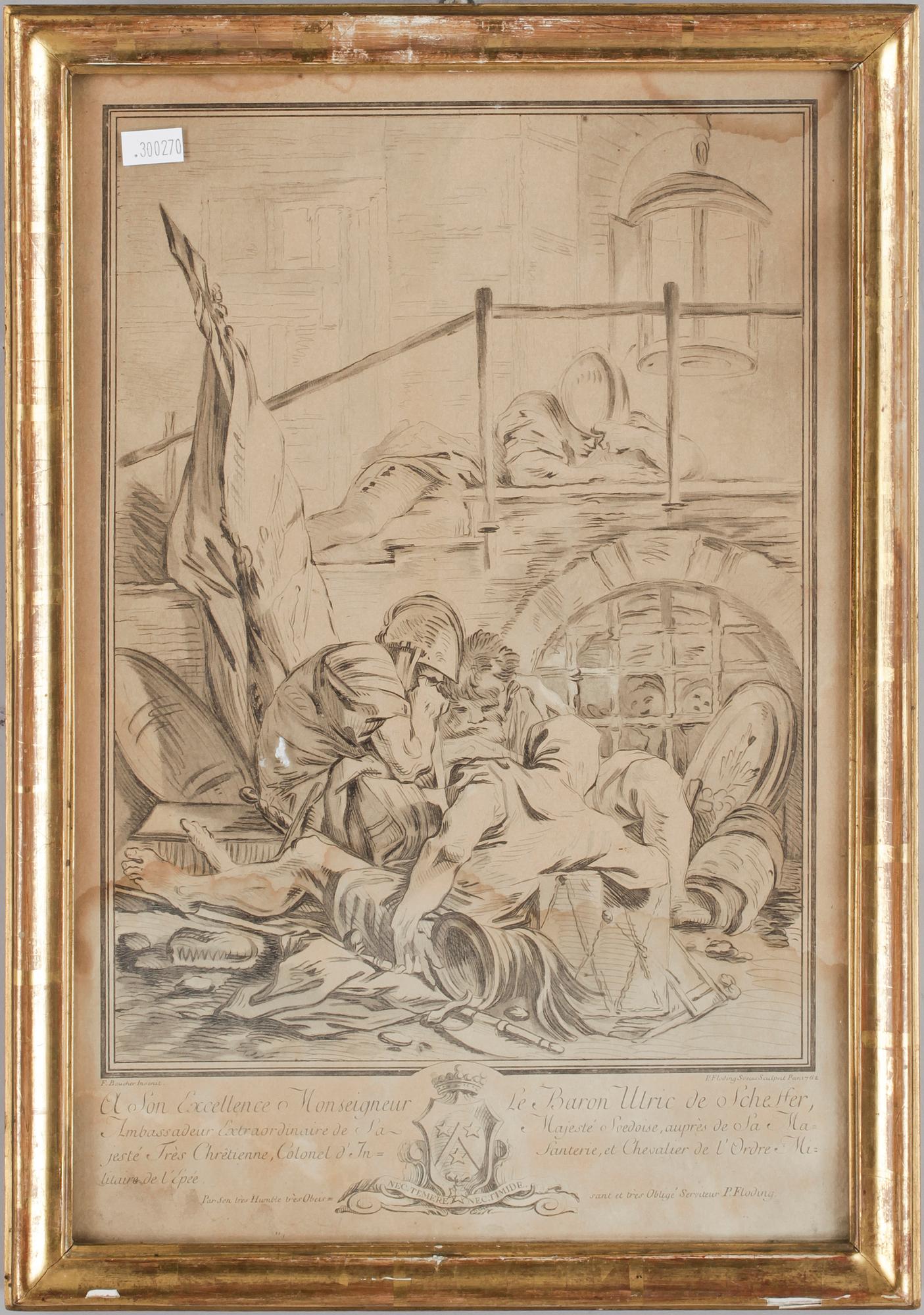 PER GUSTAF FLODING resp JACQUES-PHILIPPE LEBAS, 2+1, gravyrer, efter François Boucher, dat 1744-62 i trycket.