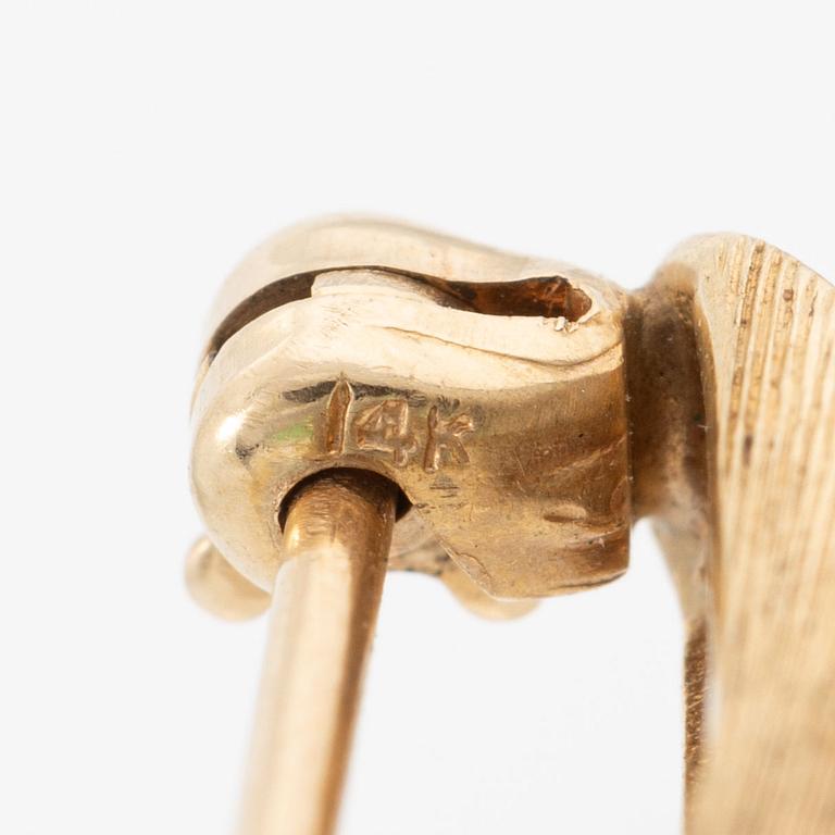 Broscher, ett par, 14K guld i form av bambu med jadeit.