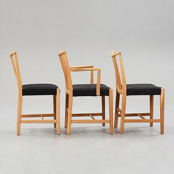 HANS J WEGNER, a set of 3 chairs + an exhibition poster, Denmark, 1940's.