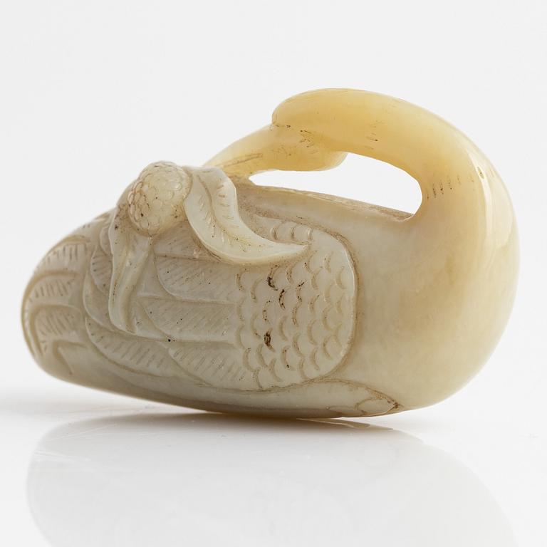 A nephrite sculpture of a mandarin duck, China, 20th Century.