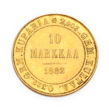 Gold coin, 10 marks, Finland 1882.