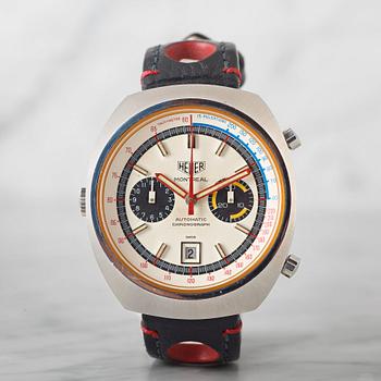 5. HEUER, Montreal, "Tachymetre, Pulsations", chronograph, wristwatch, 42 x 48 mm.