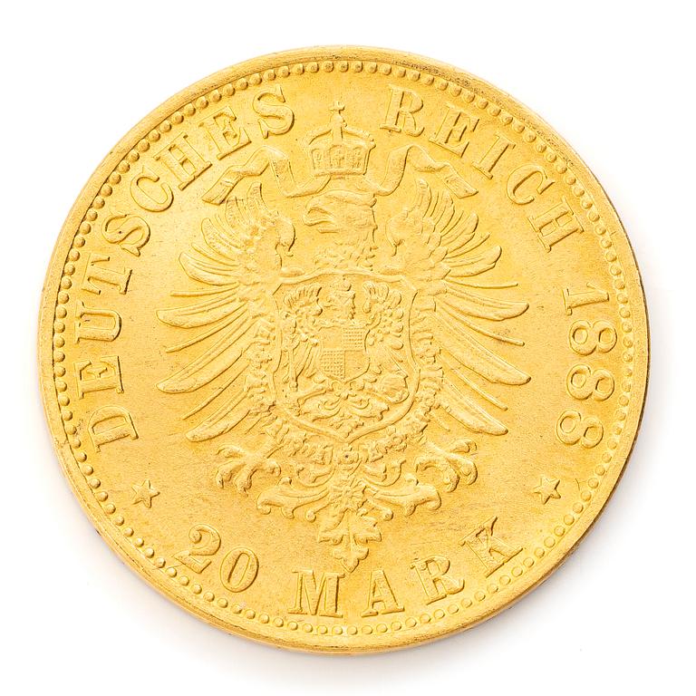 Guldmynt, Tyskland, Friedrich III, 20 Mark, 1888.
