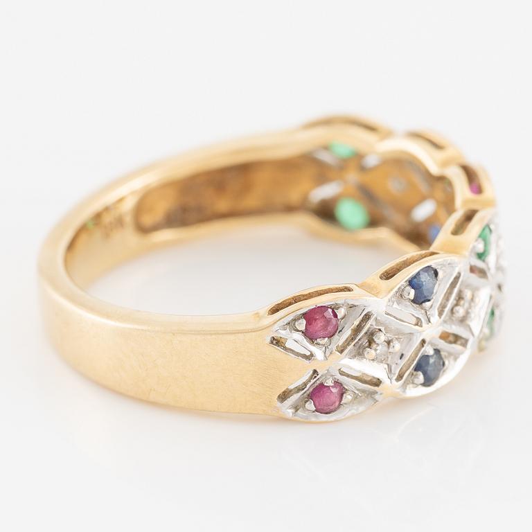 Ring, 18K gold with emeralds, rubies, sapphires, and small diamonds.