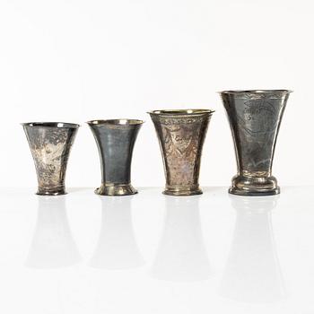 Four silver beakers, different masters, Sweden, 18th-19th century.