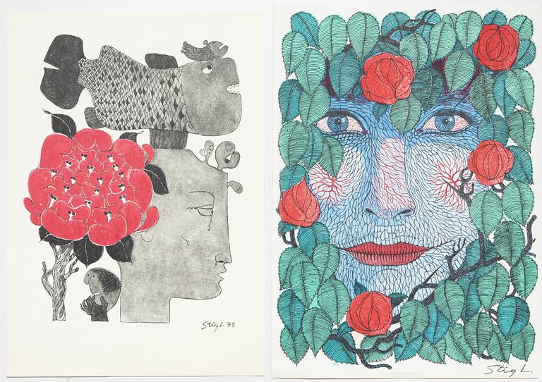 Stig Lindberg, färglitografier, 2 st, Gustavsberg,  bl a 1976.