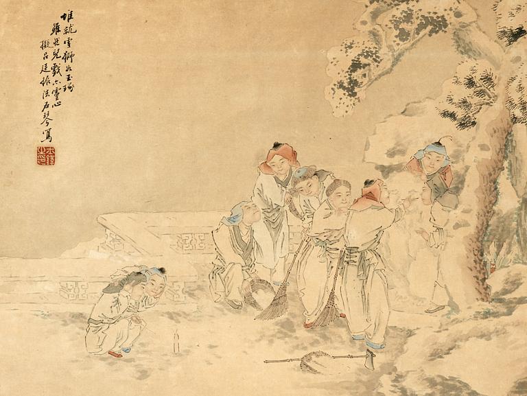 An Album-leaf of playing children, signed Liao Shiqin, late Qing dynasty (1644-1912).