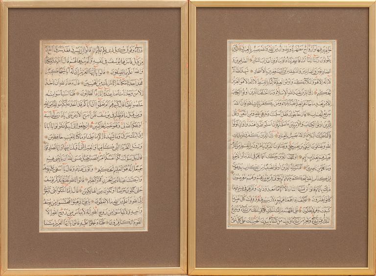 HANDSKRIFTER UR KORANEN, 2 st, 1800-tal.