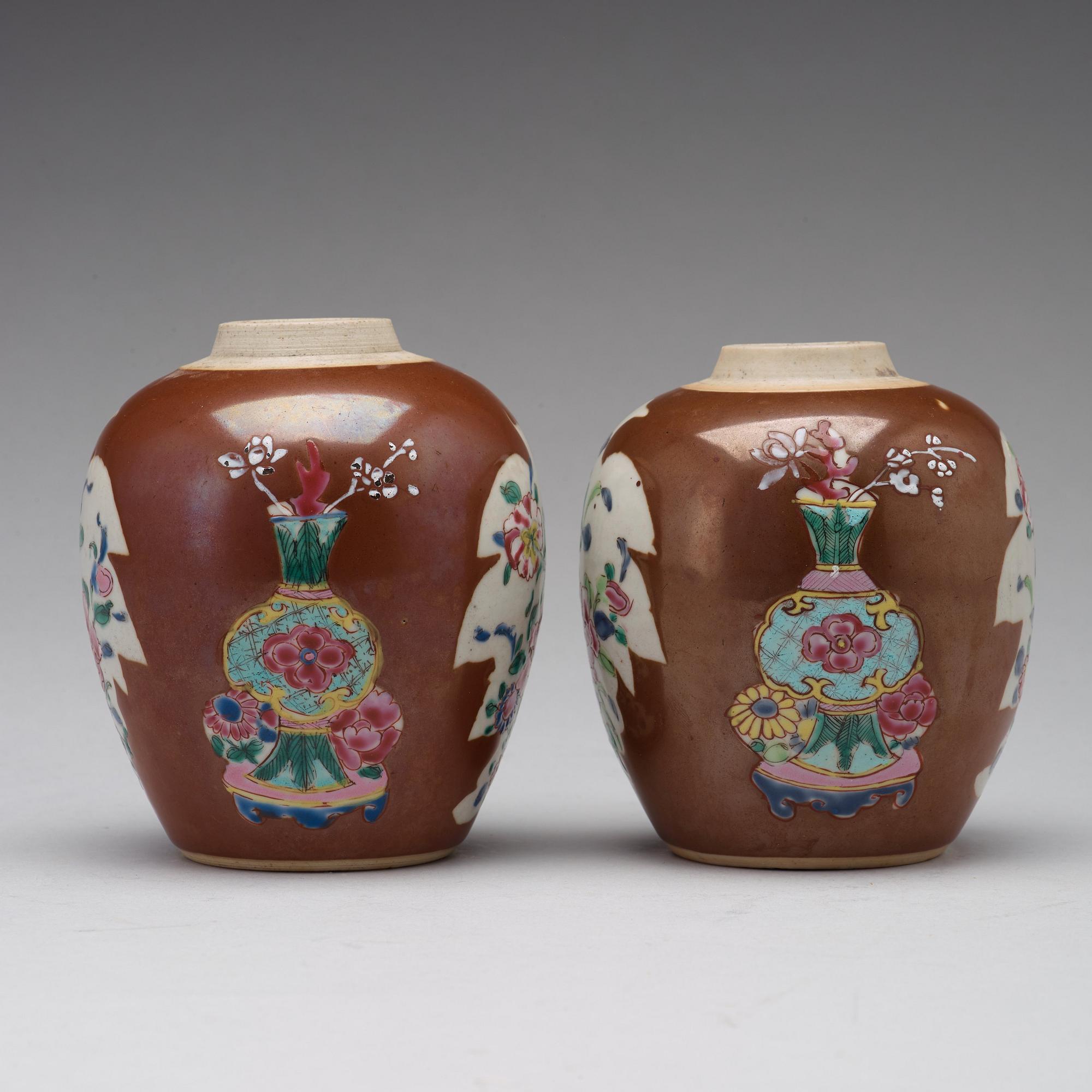 A pair of famille rose and cappuciner brown jars, Qing dynasty, Qianlong (1736-95).