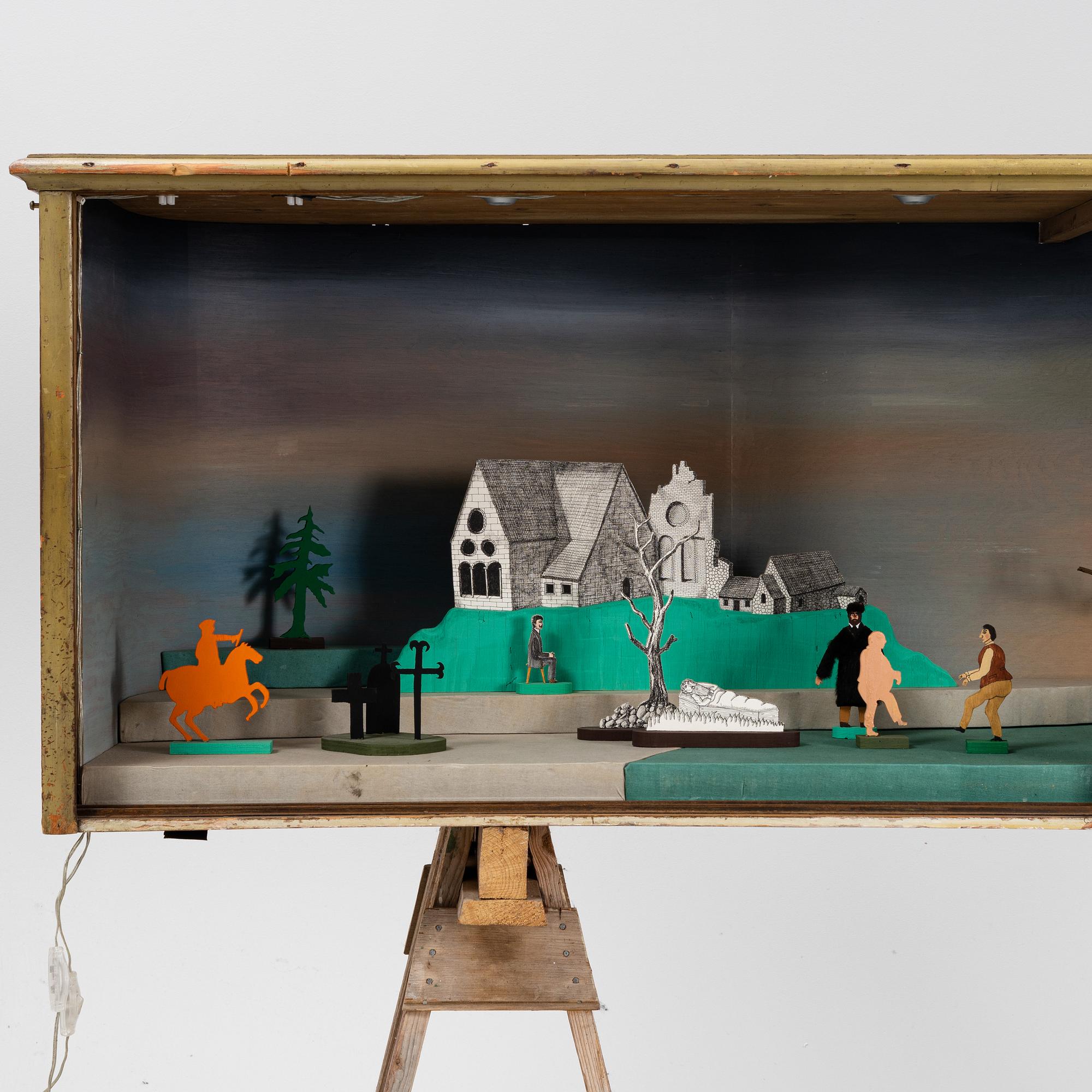 Richard Johansson, object/installation in a wooden cupboard, drawing, painting and mixed media, signed.