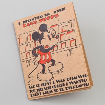 a Mickey Mouse wooden figure and a borthday card, Ringqvists Tryckeri och kartongfabrik, Norrköping 1946.