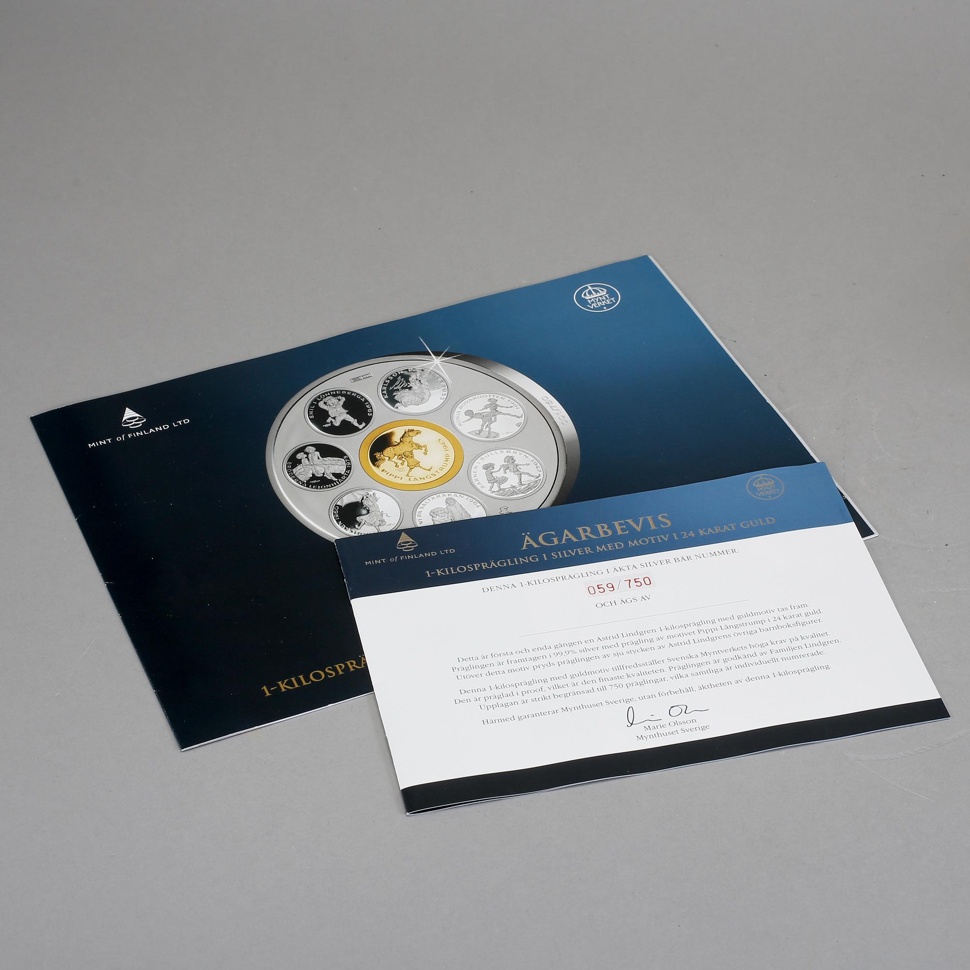 MYNT, Astrid Lindgren, 1-kilosprägling i silver med guldmotiv, 1900/2000-tal.