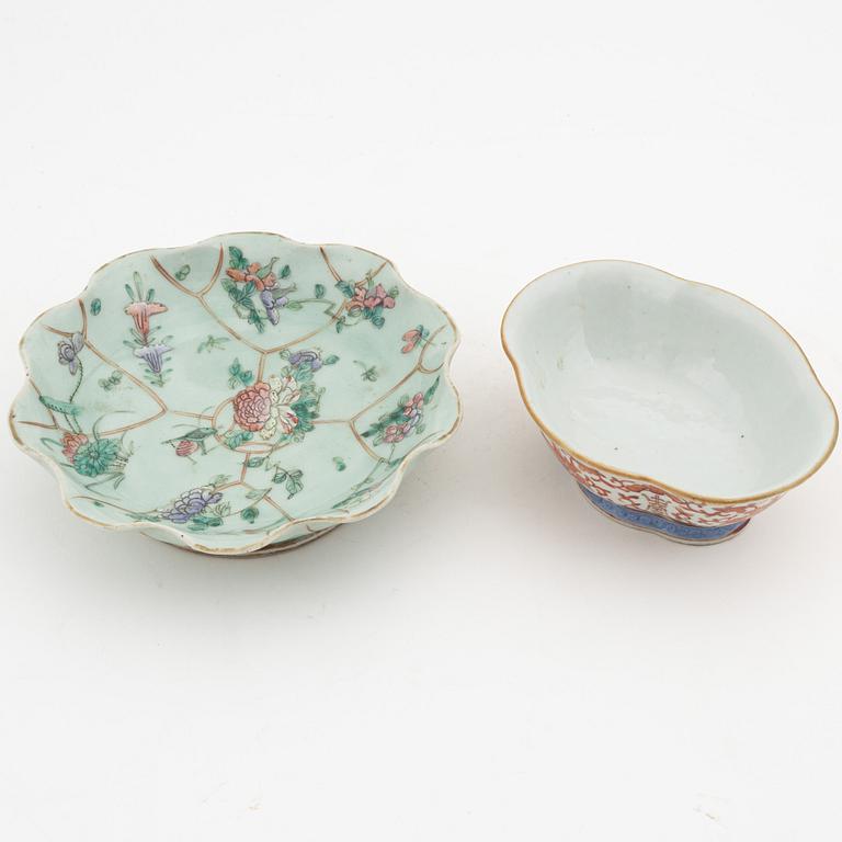 A famille rose jar with cover, box with cover and a dish and a bowl, China, circa 1900.