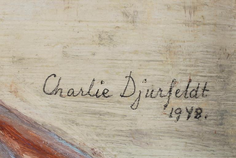 OIDENTIFIERAD KONSTNÄR, olja på pannå, signerad Charlie Djurfeldt och daterad 1948.