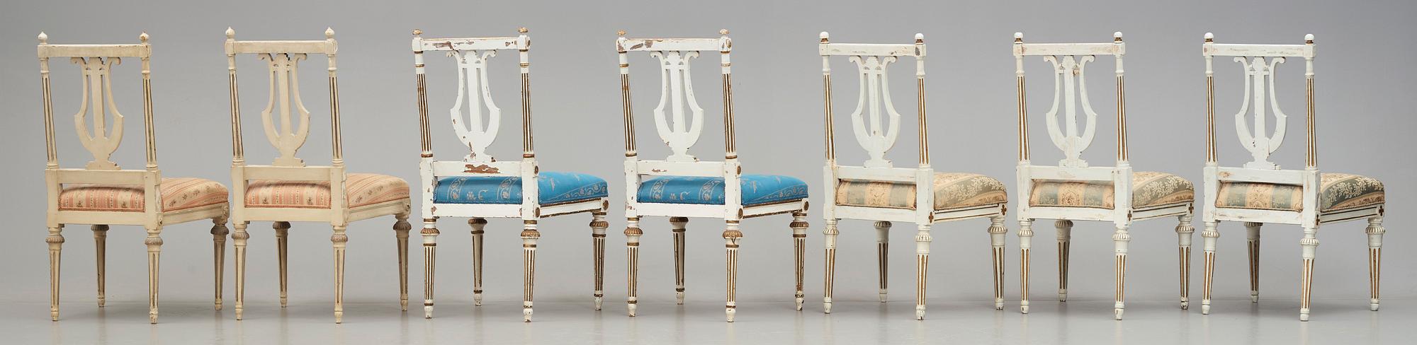 STOLAR, sju stycken (3+2+2), av Erik Öhrmark (mästare i Stockholm 1777-1813), gustavianska, 1700-talets slut.