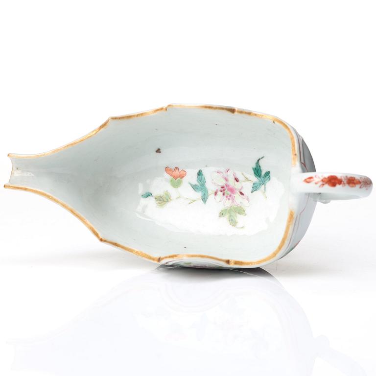 A pair of famille rose 'double peacock' sauce boats, Qing dynasty, Qianlong (1736-95).