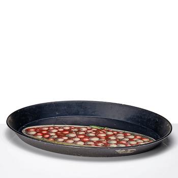 Piero Fornasetti, an oval printed and lacquered sheet metal tray, Milan, Italy probably 1960's.