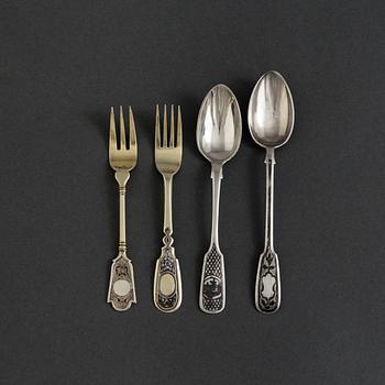 Two russian 19 th century silver forks and two spoons. 70 gram.