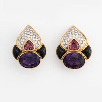 Earrings, likely Henri Martin, clip-ons, 18K gold with pink tourmaline, onyx, amethyst, and brilliant-cut diamonds.