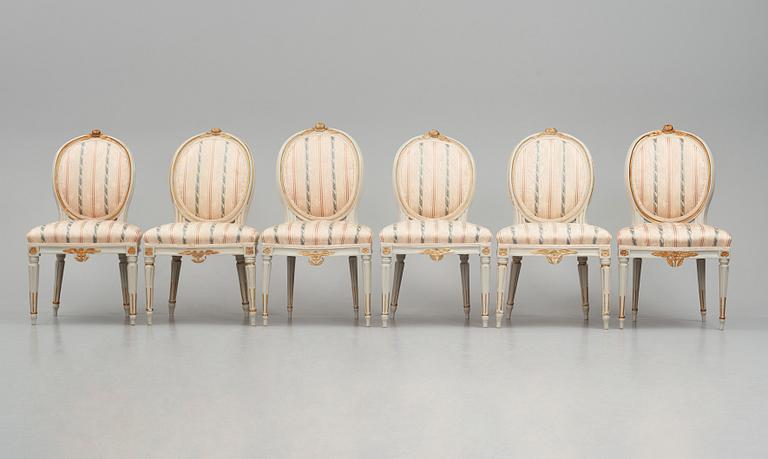 A set of six carved Gustavian chairs, one by Eric Levin (master ca 1780), late 18th century.