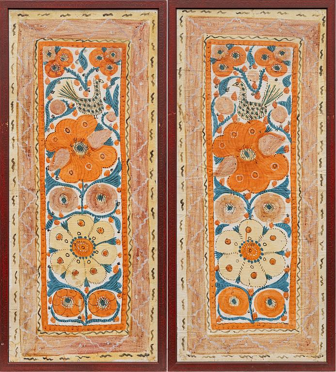 Textile paintings, a pair, so-called rooster paintings, Sunnerbo school, Småland, first half of the 19th century.