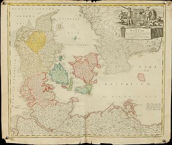 KARTOR, 2 st, kolorerade. Jo. Baptista Homann. Danmark. 1700/1800-tal.