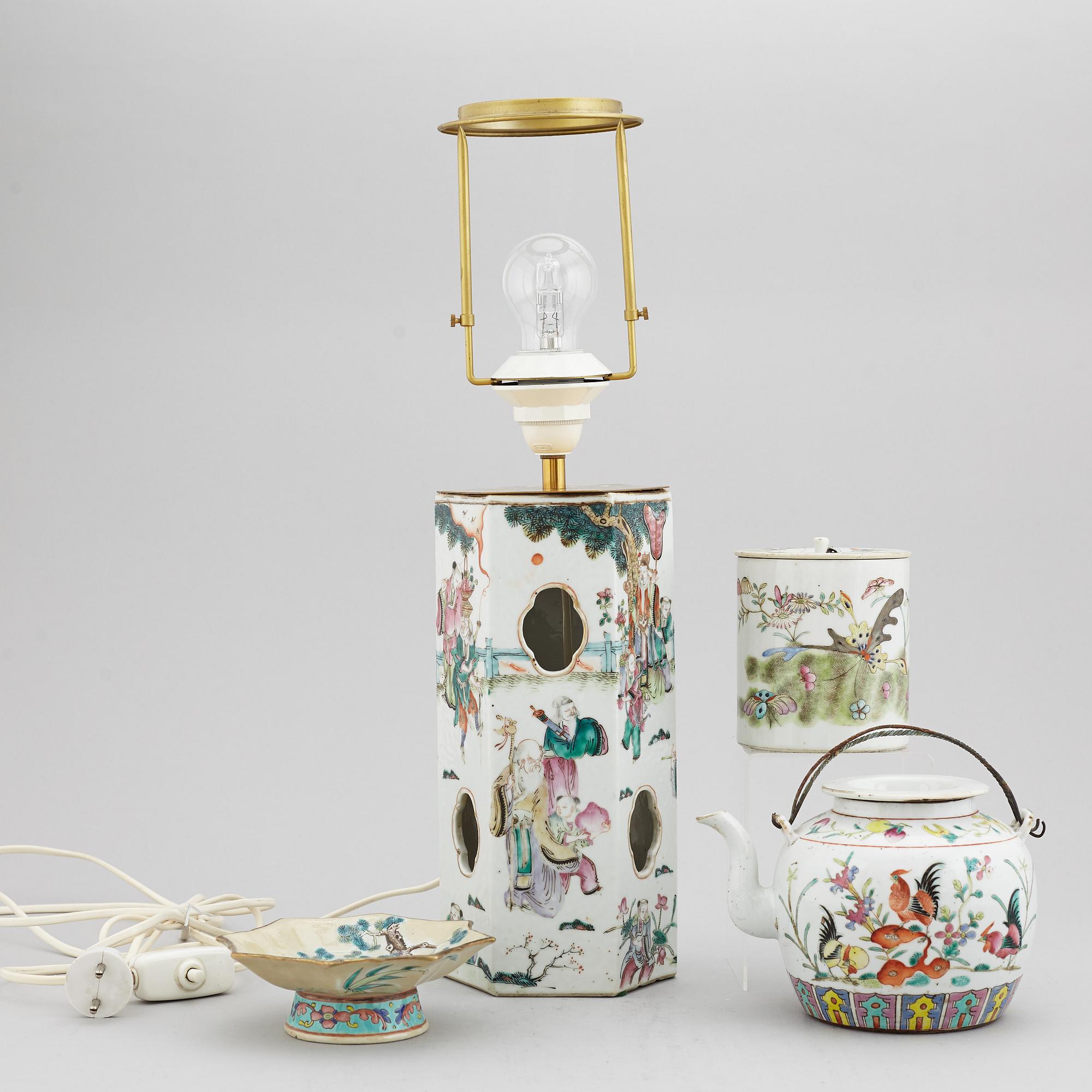 A famille rose table lamp made out of a lantern, and a teapot, dish and jar, late Qing dynasty.