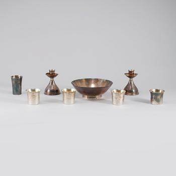 PARTI SILVER, 8 delar, bl a Eric Löfman, 1960-70-tal, Sverige, vikt exklusive ljusstakar ca 473 gram.