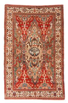 1250. SEMI-ANTIQUE TURKISH/CAUCASIAN PART SILK. 270 x 174,5 cm (as well as approximately 1,5 cm red flat weave at each end).