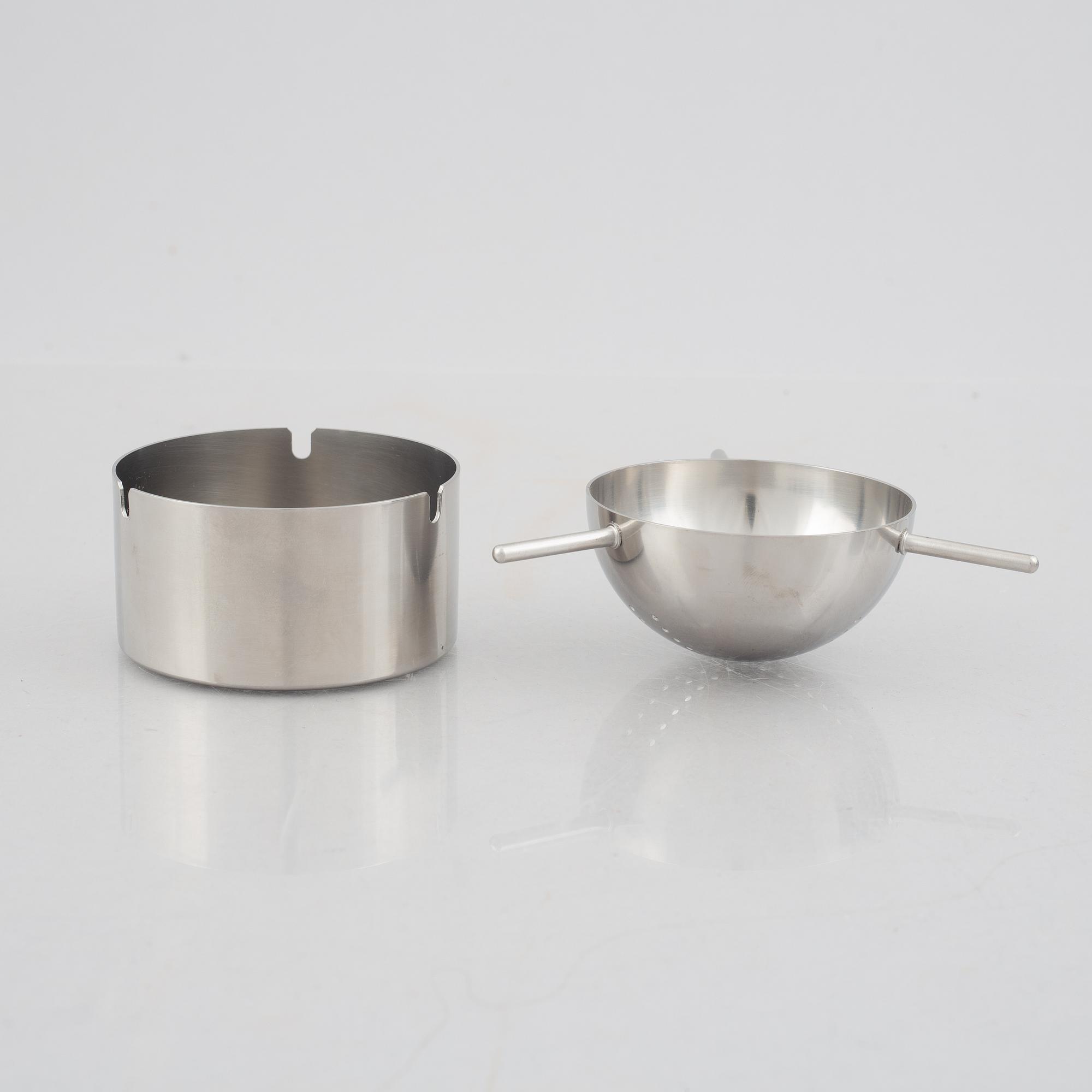 Arne Jacobsen, a 100-year jubilee "Cylinda" stainless steel tea set and a book, Stelton, Denmark, 2002.