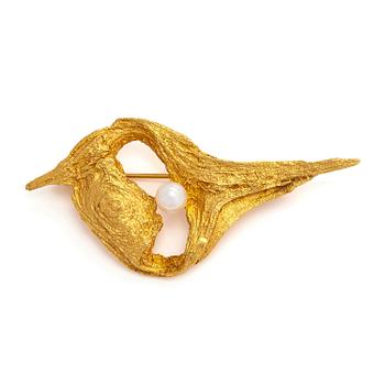 Helky Juvonen, brosch, 14K guld och odlad pärla, Westerback, Helsingfors 1972.