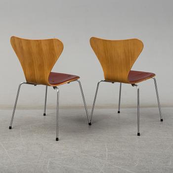 ARNE JACOBSEN, six leather covered 'Series 7' chairs from Fritz Hansen, Danmark, 1984.