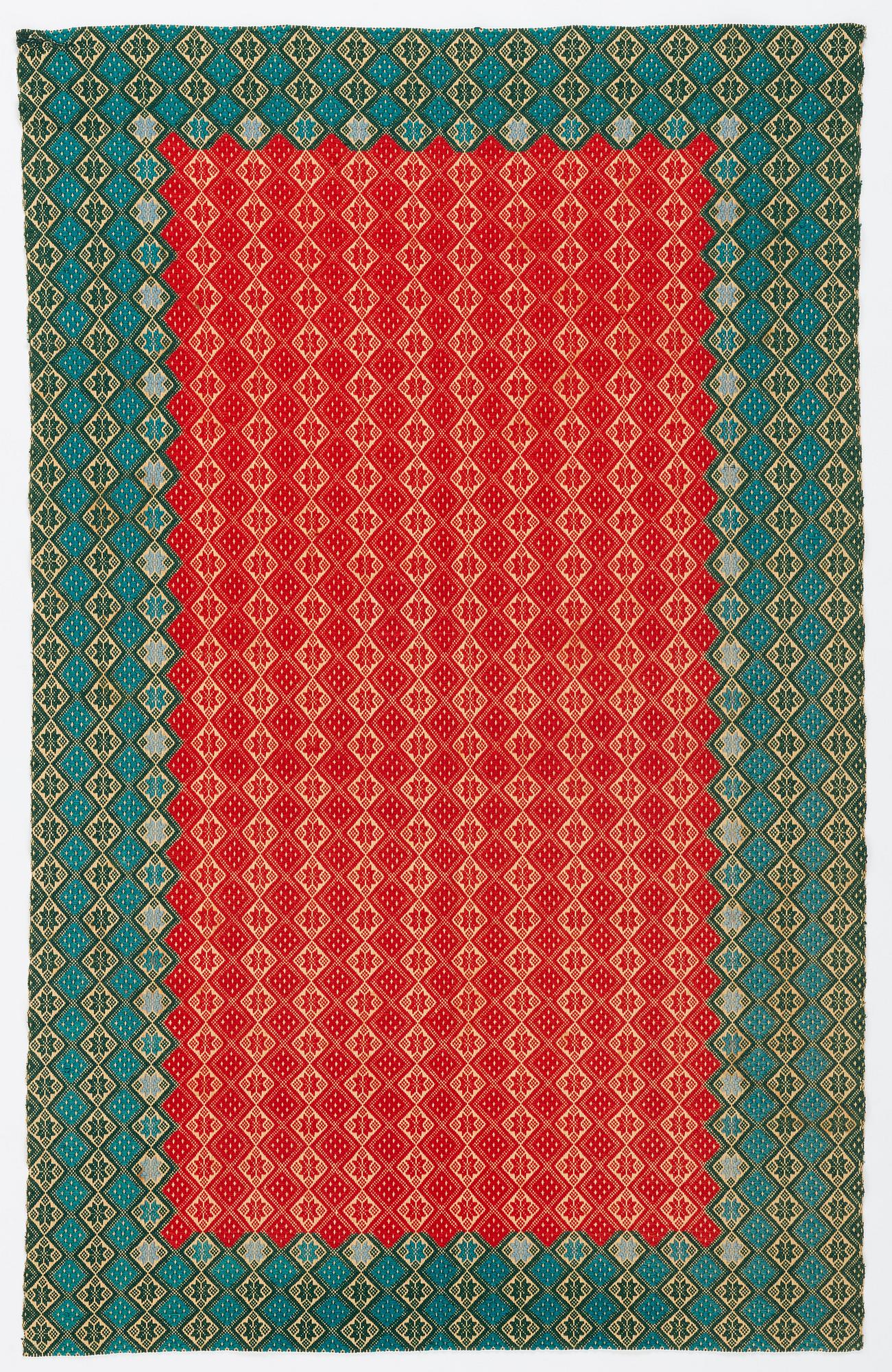 A textile cover, weft-patterned tabby type, South west Scania, c. 160 x 102 cm. Circa 1900,
