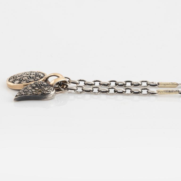 By Birdie, necklace with two pendants, silver with rose cut diamonds.